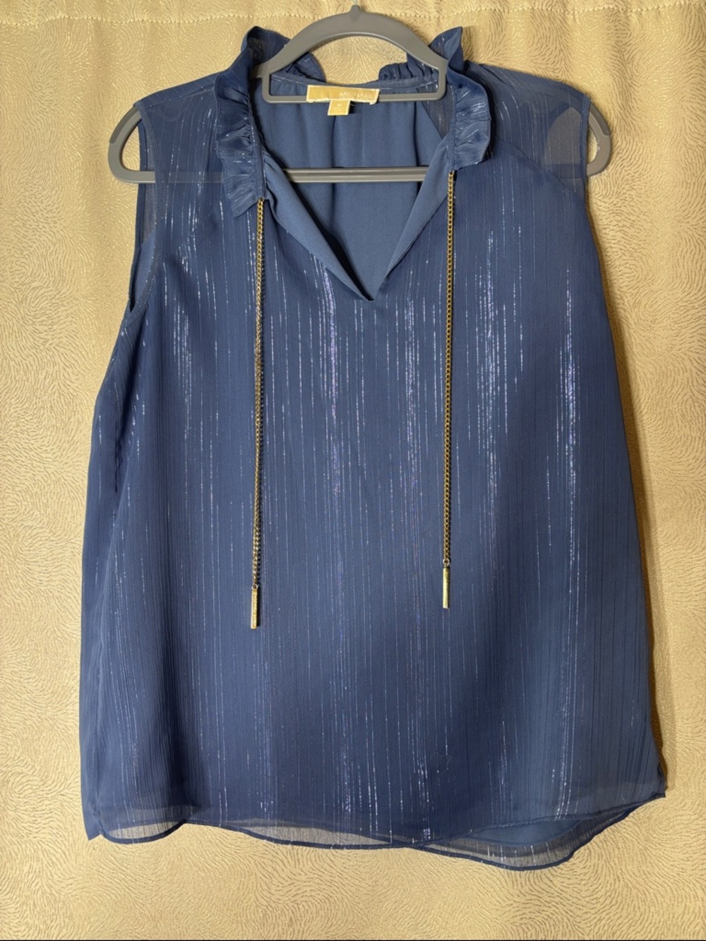 Michael Kors Navy Sleeveless Metallic-Strip Tie-Neck Camisole 0150